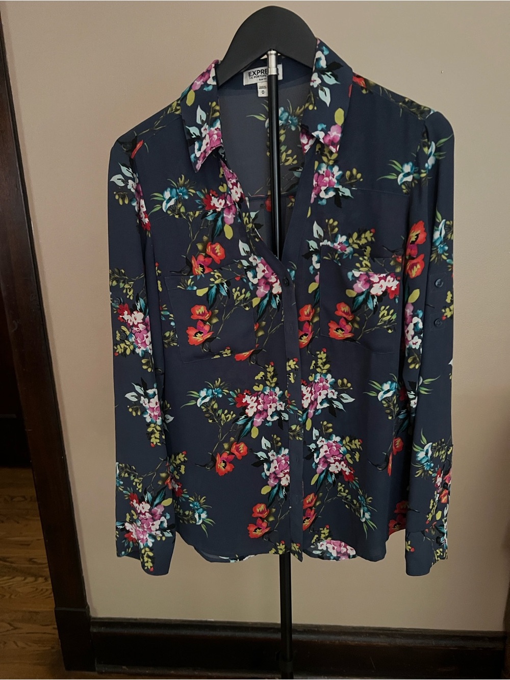 Express Navy Floral Blouse with Multicolor Blooms